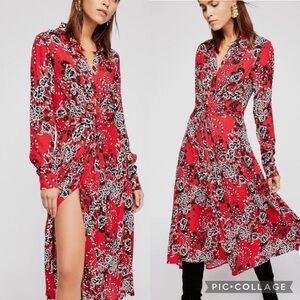 FREE PEOPLE TOUGH LOVE PRINTED MIDI SHIRT DRESS IN RED & BLACK Size 12